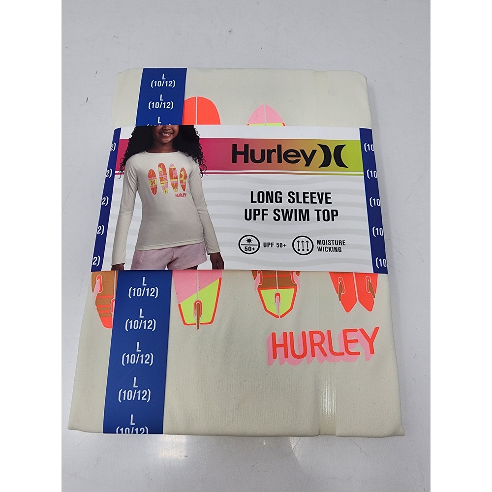Hurley Girls Long Sleeve Swim Top White Poly Blend Athletic Size Large 10/12